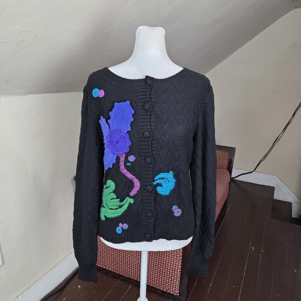 Vintage Michael Simon Embellished Knit Cardigan Black Floral Applique Sweater L